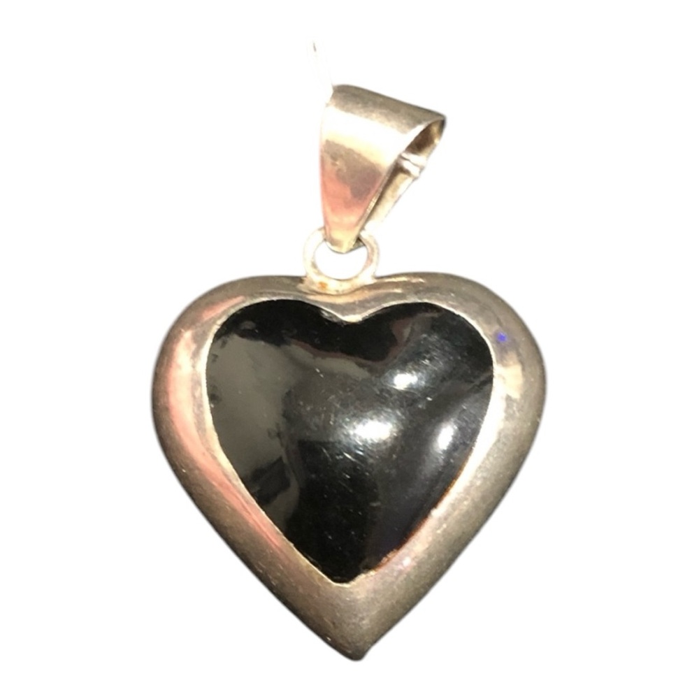 Vintage 925 Sterling Silver Black Onyx Heart Pendant